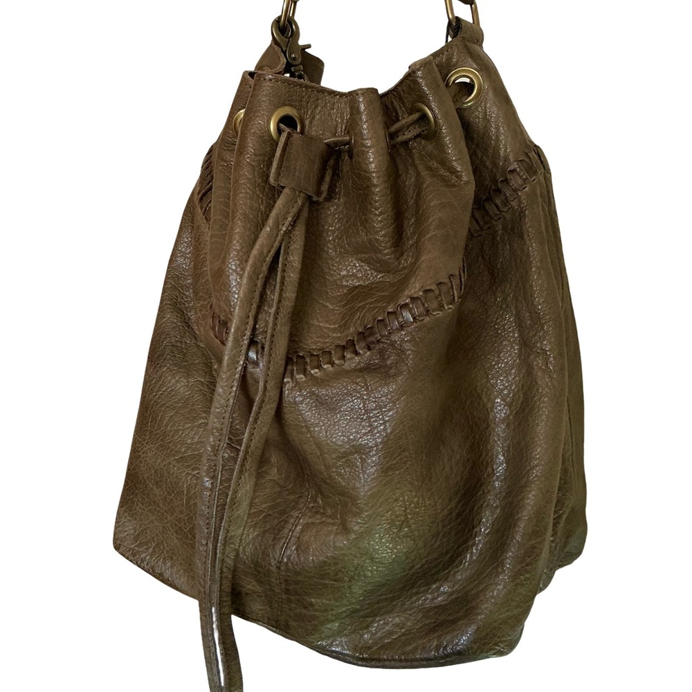 DAY & MOOD DISTRESSED OLIVE LEATHER LARGE VELDA BUCKET HAND & SHOULDER BAG